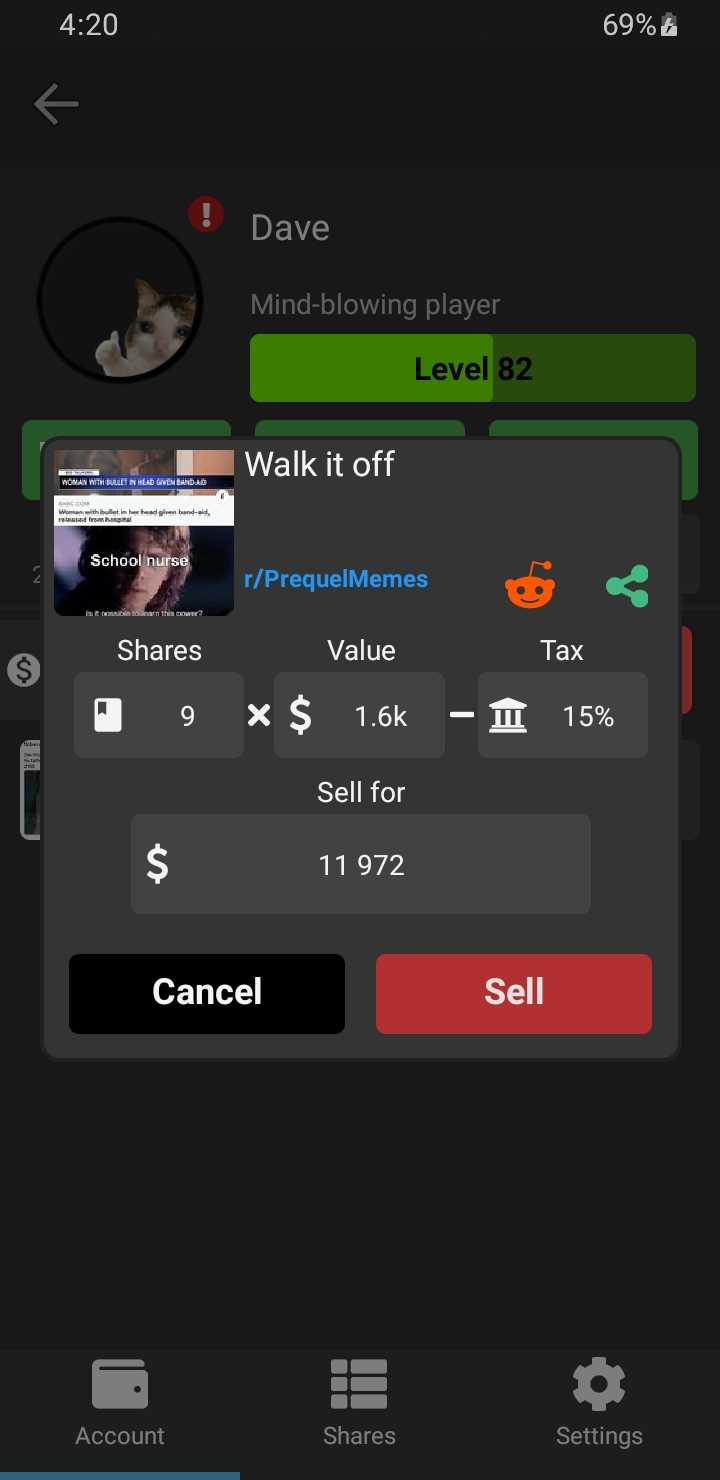 Memes Info Dialog with Share Feature Dark